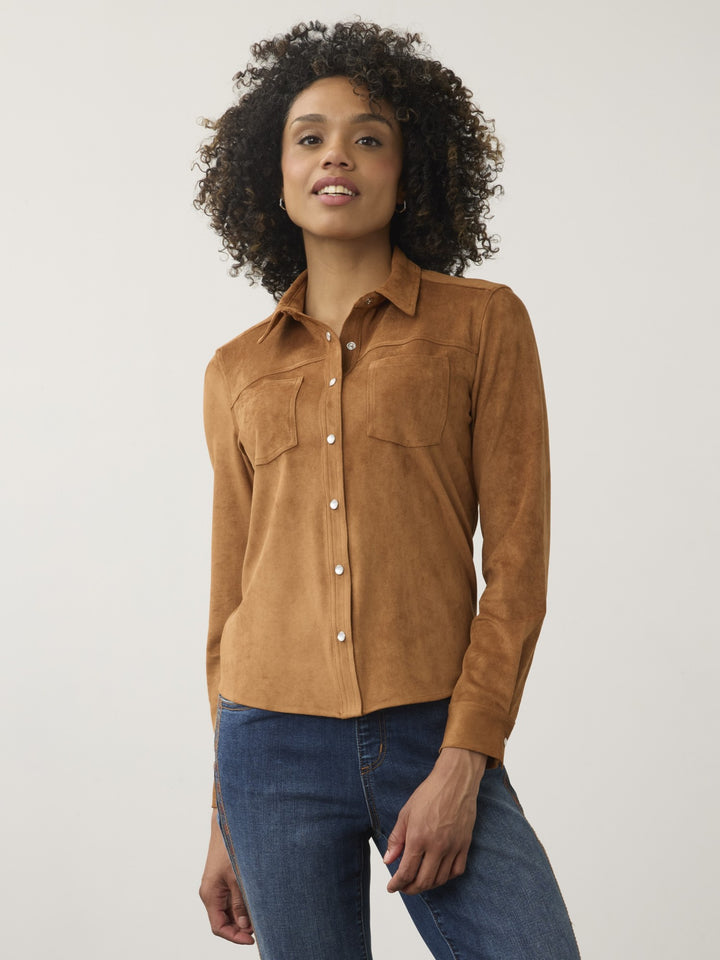 Dark Caramel Faux Suede Shirt Jacket
