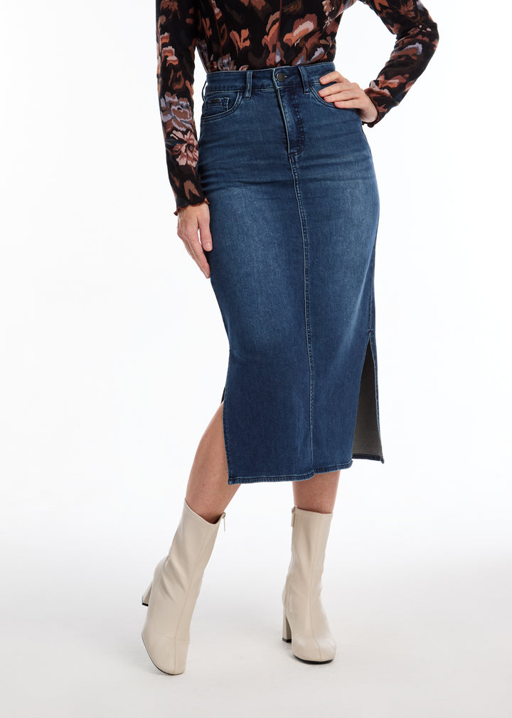 Dark Wash Long Denim Skirt With Side Slits