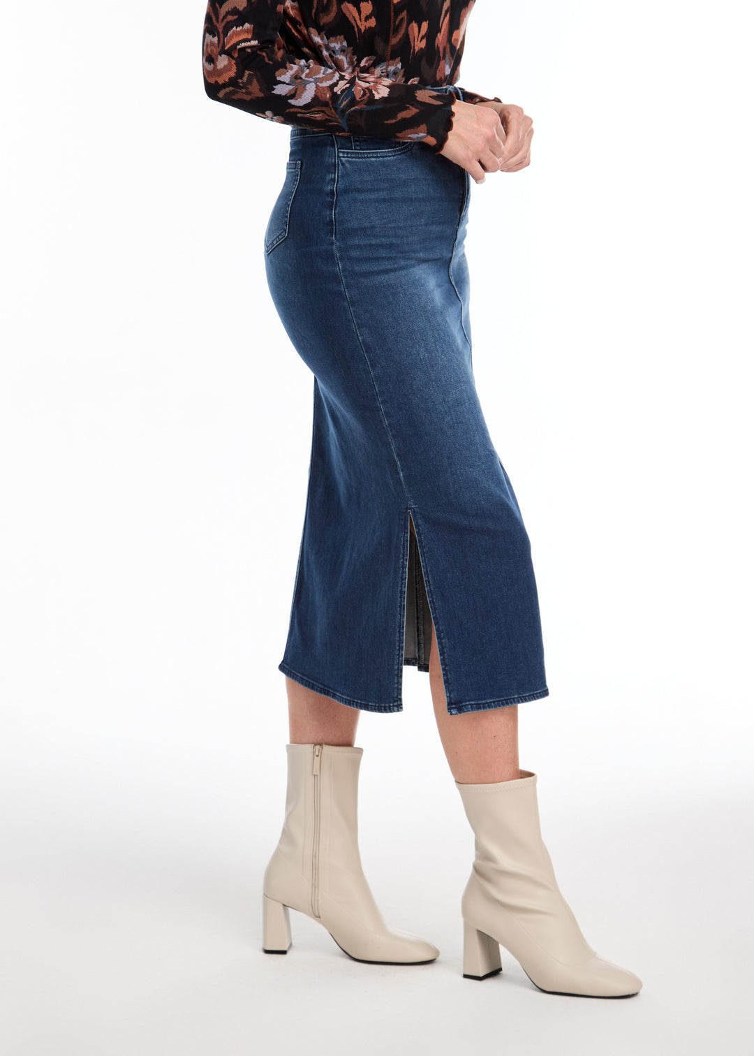 Dark Wash Long Denim Skirt With Side Slits