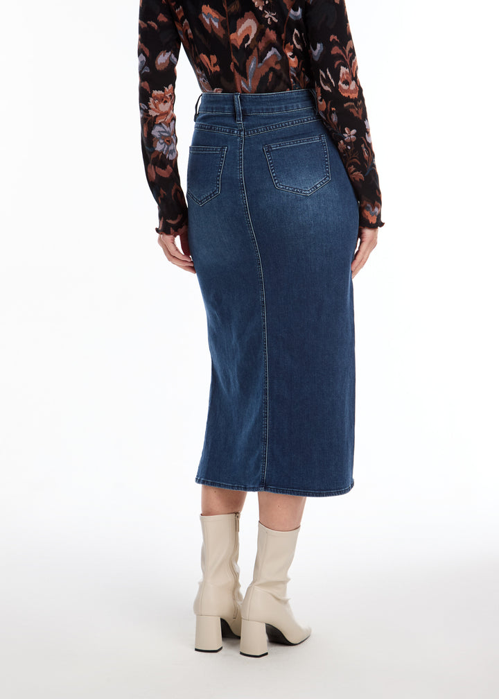 Dark Wash Long Denim Skirt With Side Slits