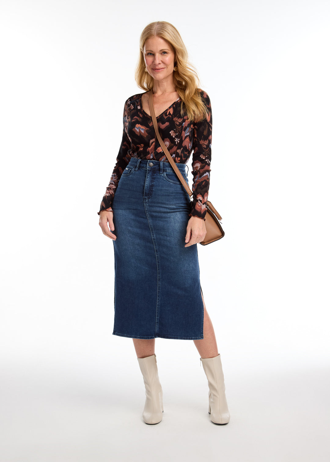 Dark Wash Long Denim Skirt With Side Slits