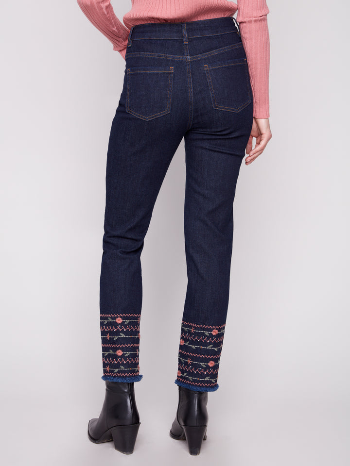Deep Blue Embroidered Hem Jean