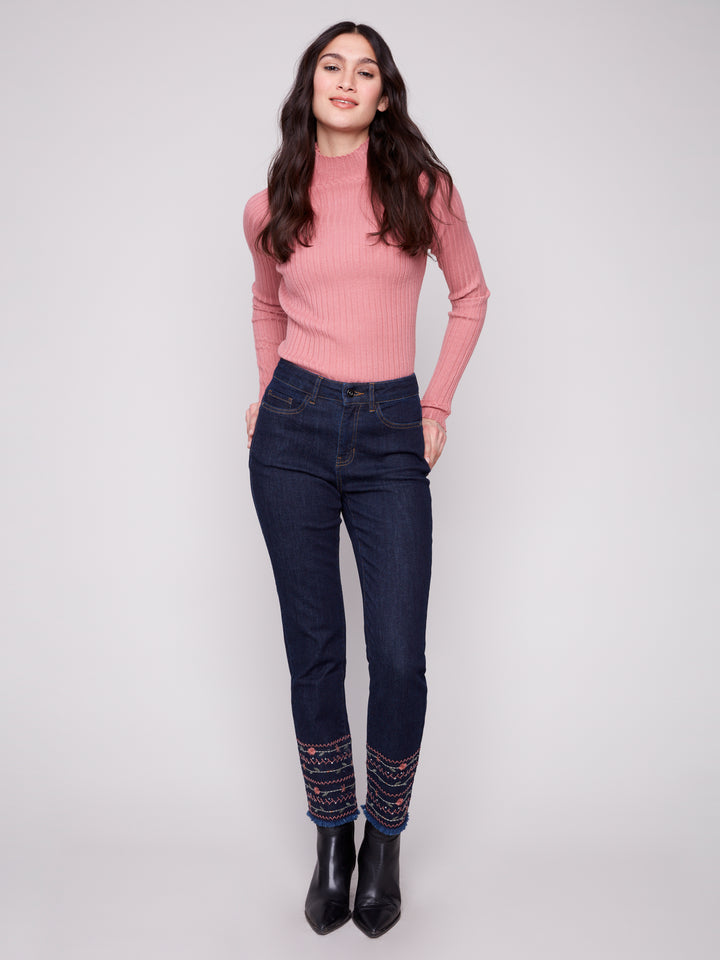 Deep Blue Embroidered Hem Jean