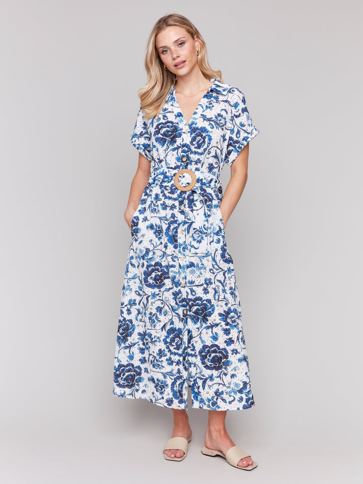 Delphinium Print Belted Eyelet Maxi Dress