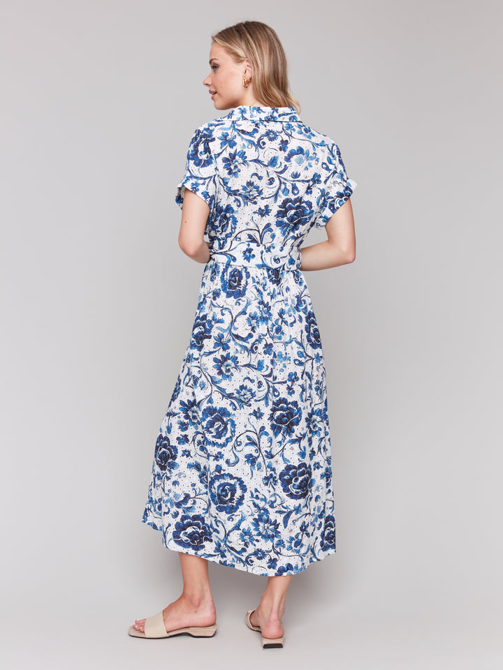 Delphinium Print Belted Eyelet Maxi Dress