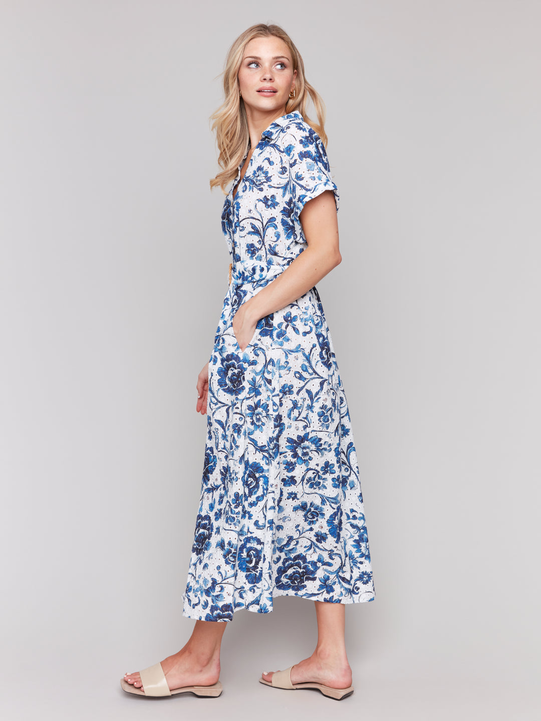 Delphinium Print Belted Eyelet Maxi Dress