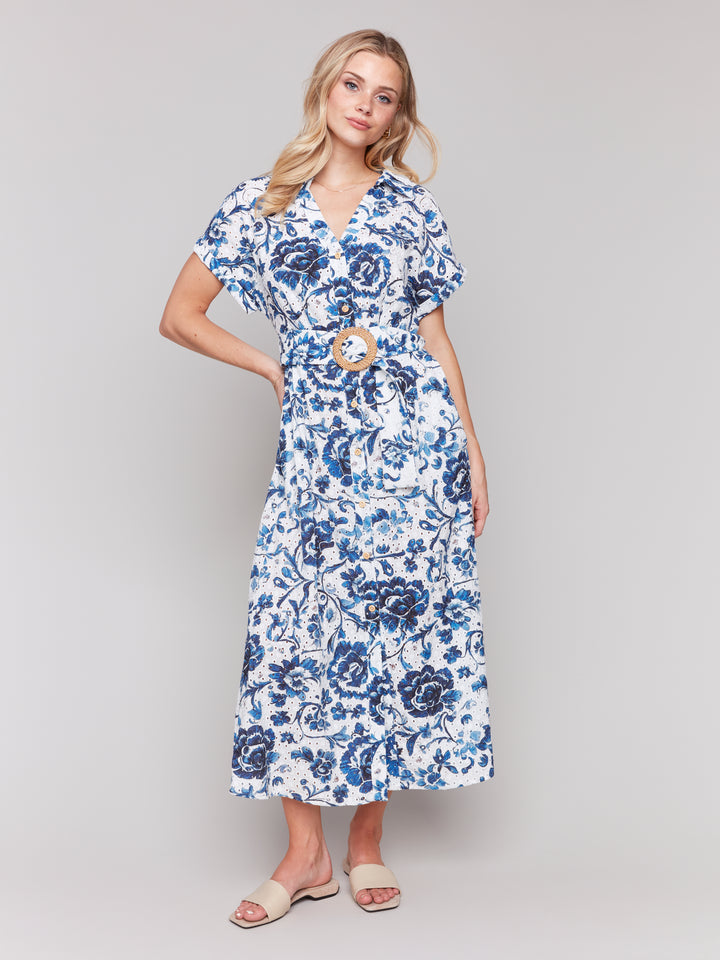 Delphinium Print Belted Eyelet Maxi Dress