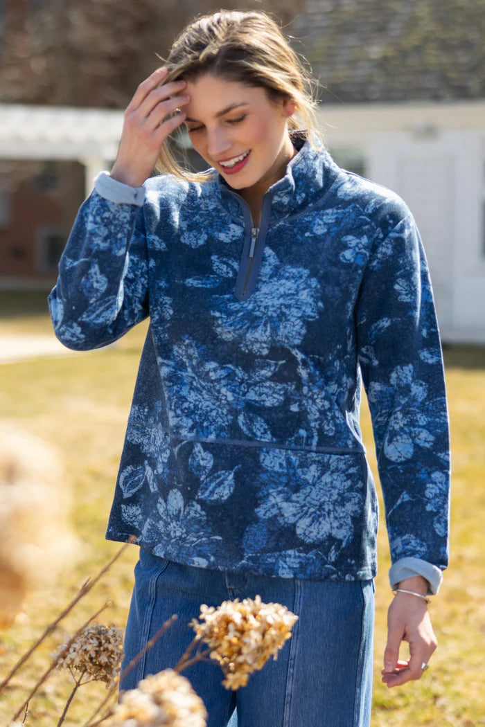 Denim Batik Floral Quarter Zip Pullover
