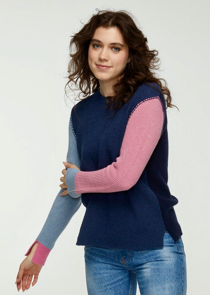 Denim Blue Color Block Rib Sweater