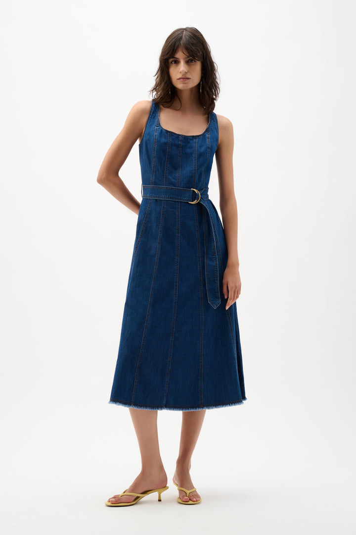 Denim Fit and Flare Midi Dress With Belt