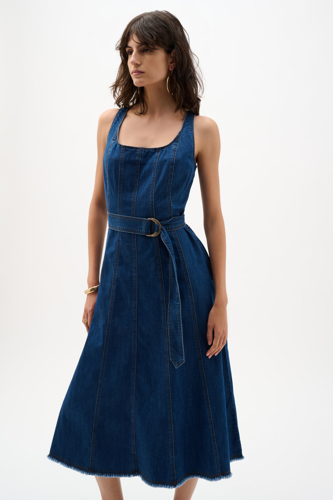 Denim Fit and Flare Midi Dress With Belt
