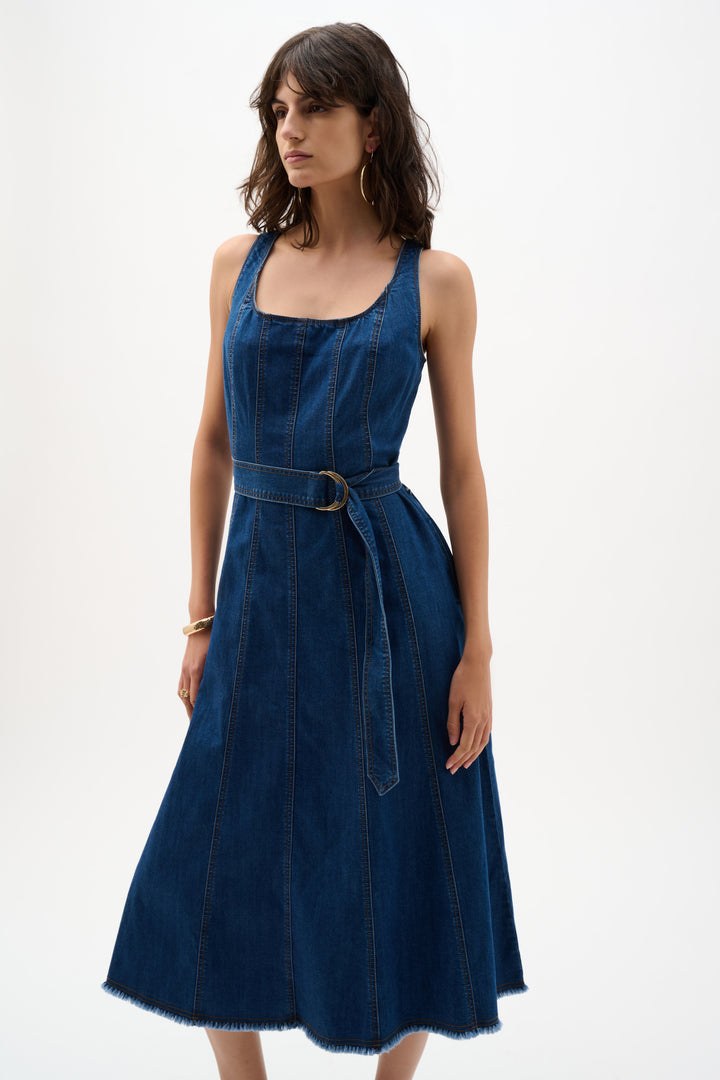 Denim Fit and Flare Midi Dress With Belt