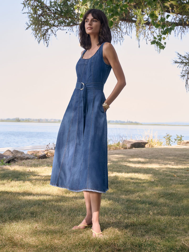 Denim Fit and Flare Midi Dress With Belt