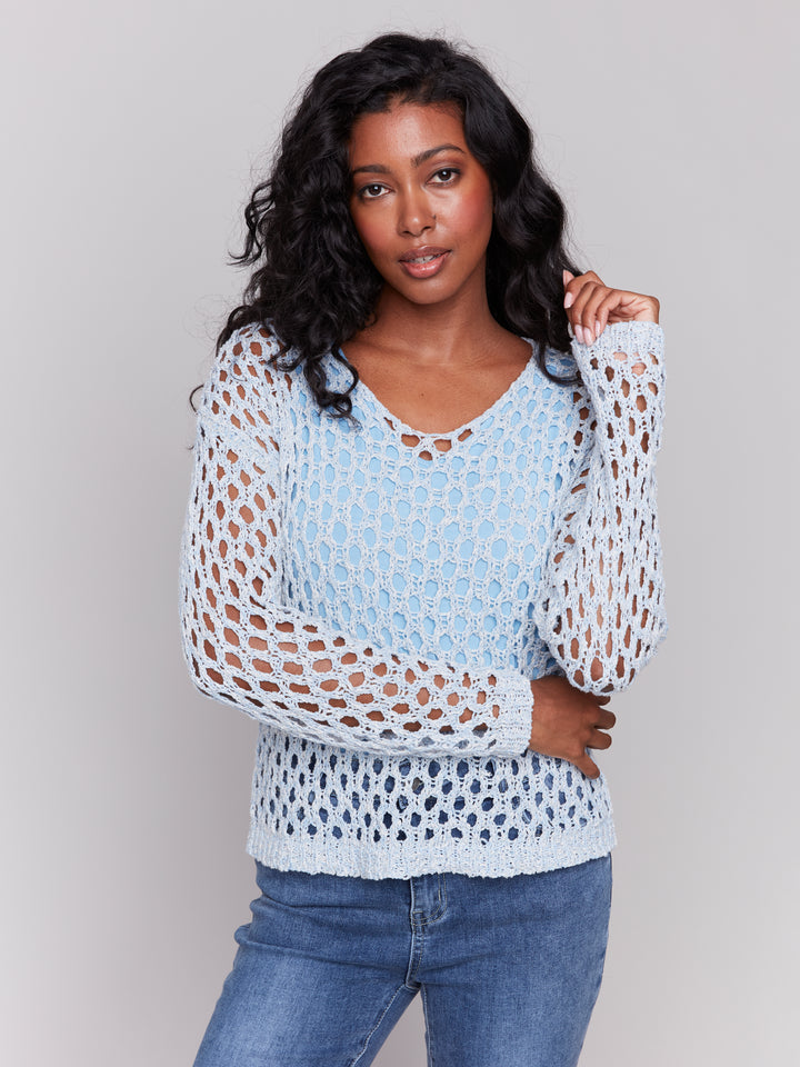 Denim Open Stitch Crochet V-Neck Sweater