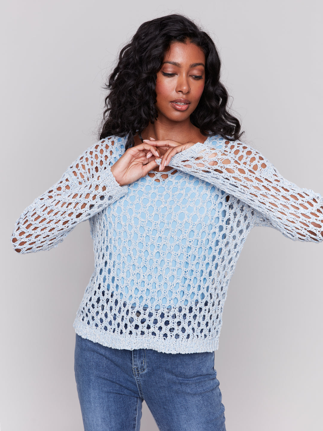 Denim Open Stitch Crochet V-Neck Sweater