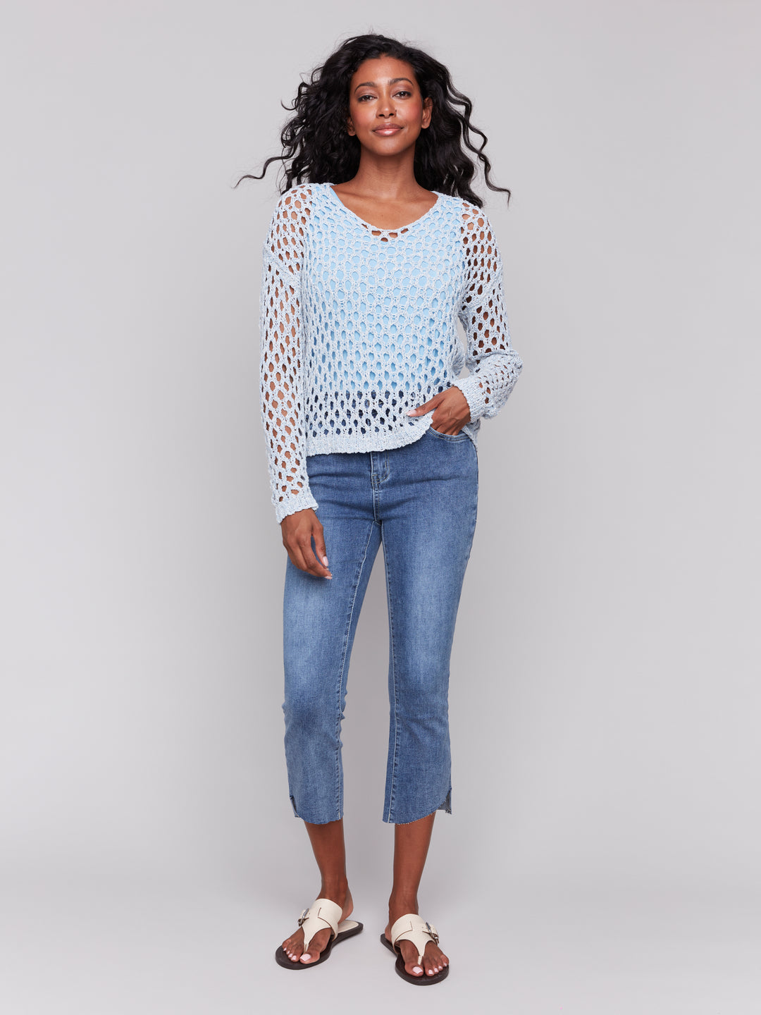 Denim Open Stitch Crochet V-Neck Sweater