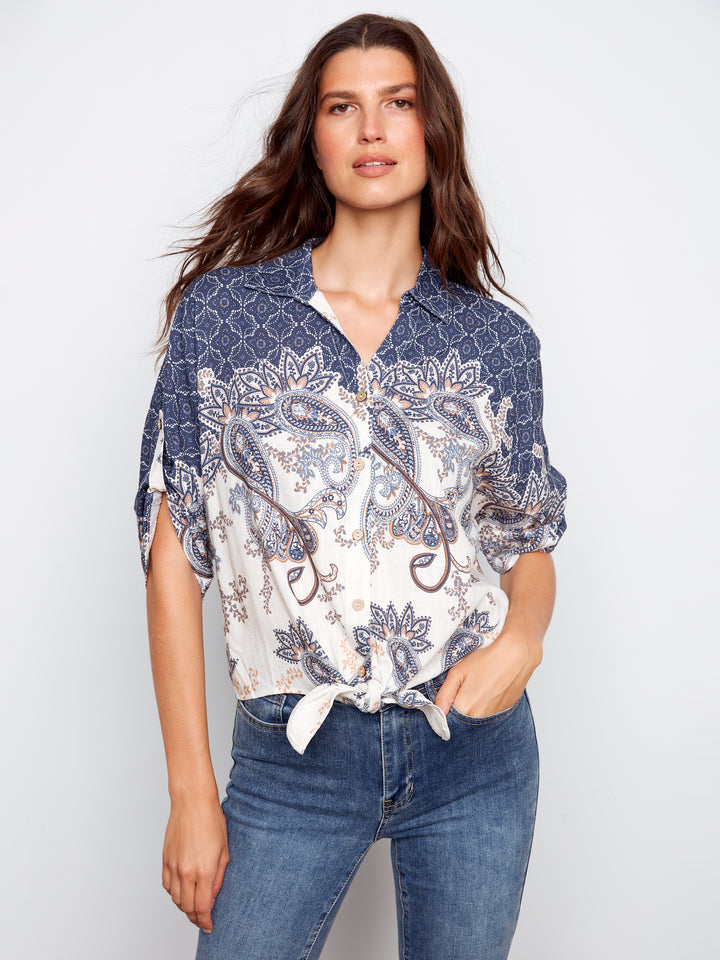 Denim Paisley Mix Print Tie Front Blouse