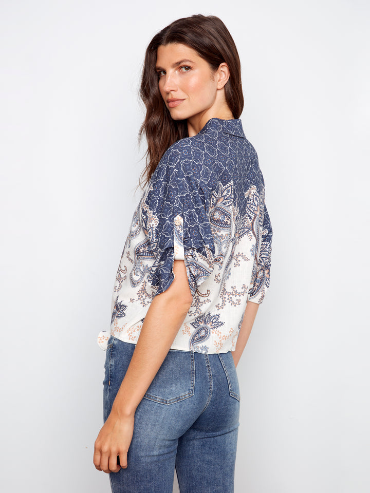 Denim Paisley Mix Print Tie Front Blouse