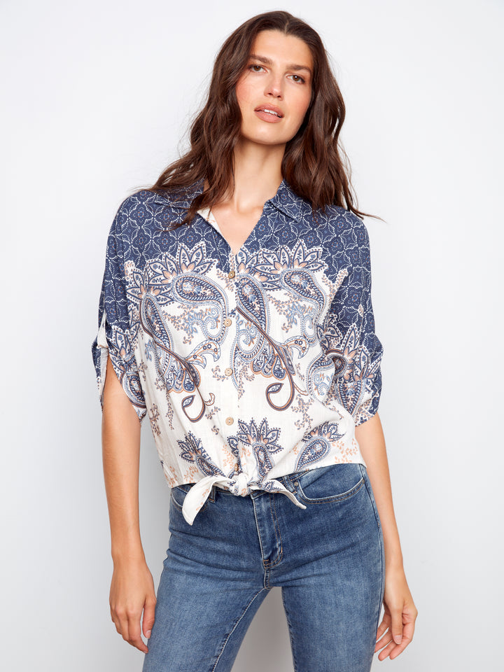 Denim Paisley Mix Print Tie Front Blouse