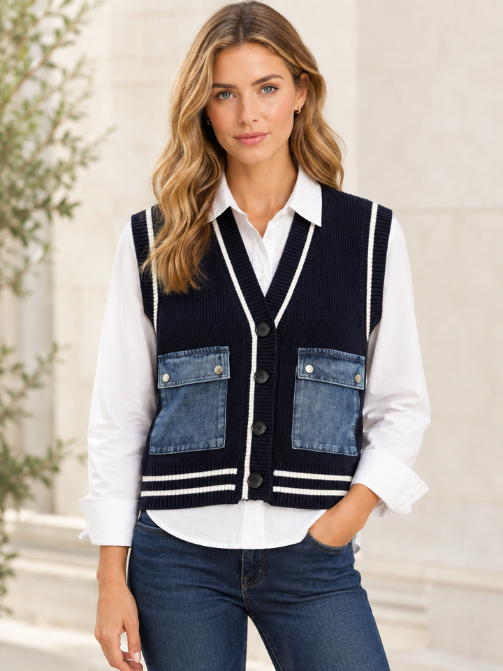 Denim Patch Pocket Cardigan Vest