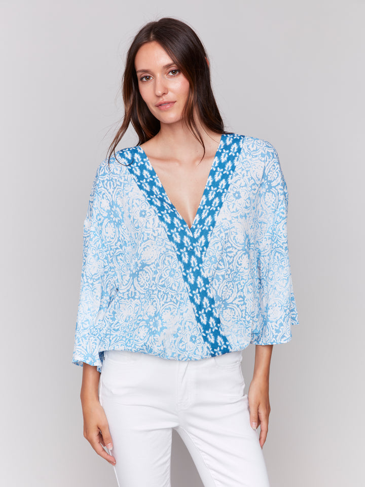 Denim Printed Crossover Blouse