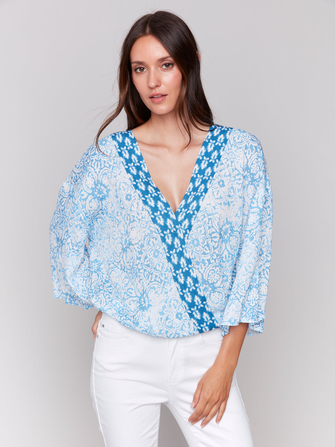 Denim Printed Crossover Blouse