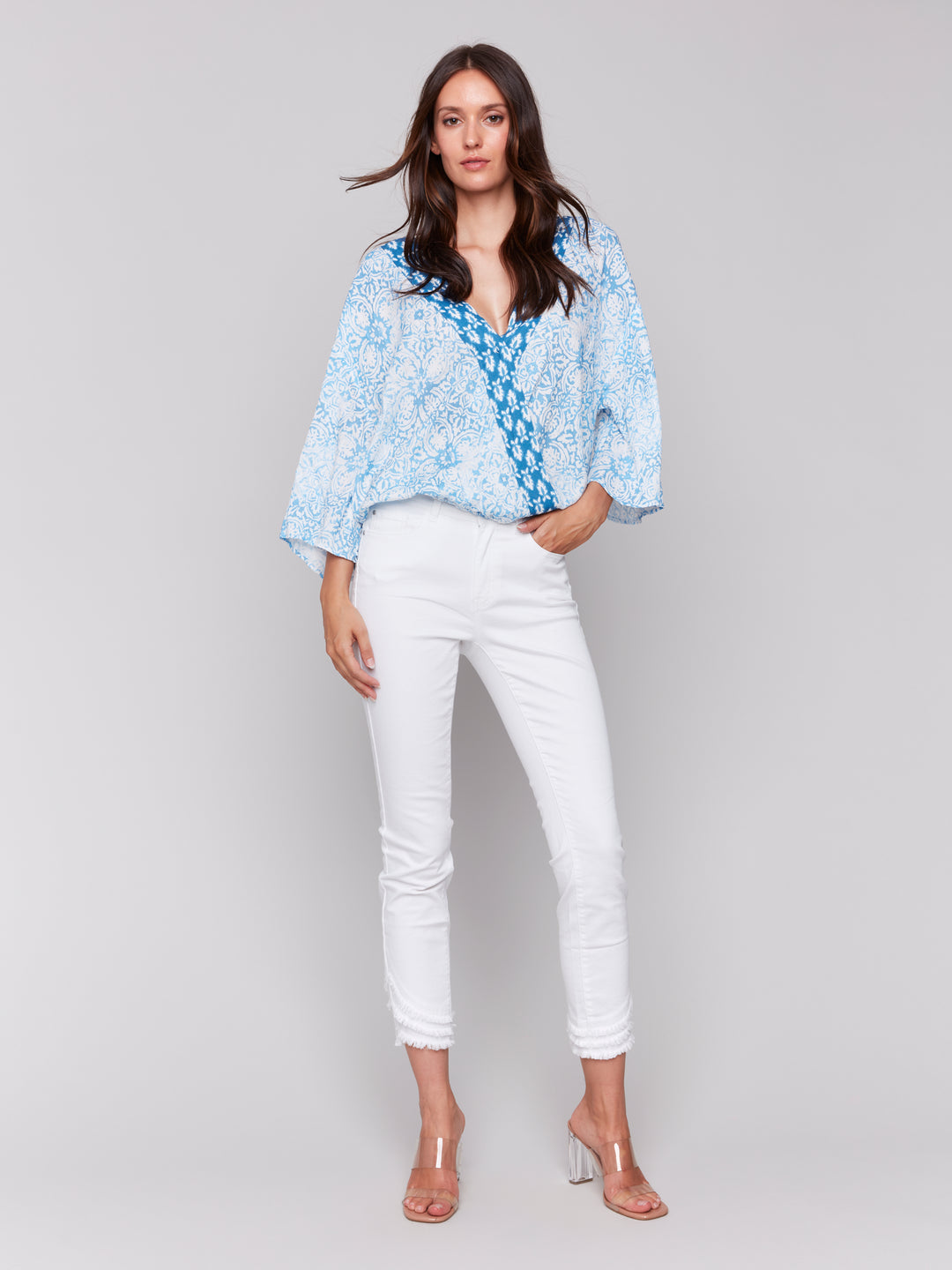 Denim Printed Crossover Blouse