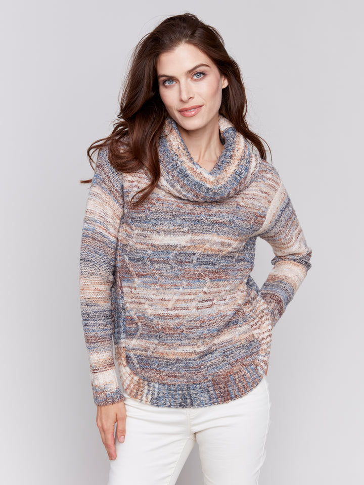 Denim Two-Tone Cozy Cowl Neck Sweater