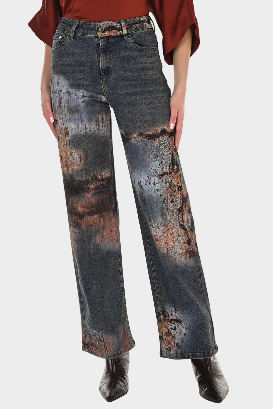 Distressed Print Wide Leg Jean