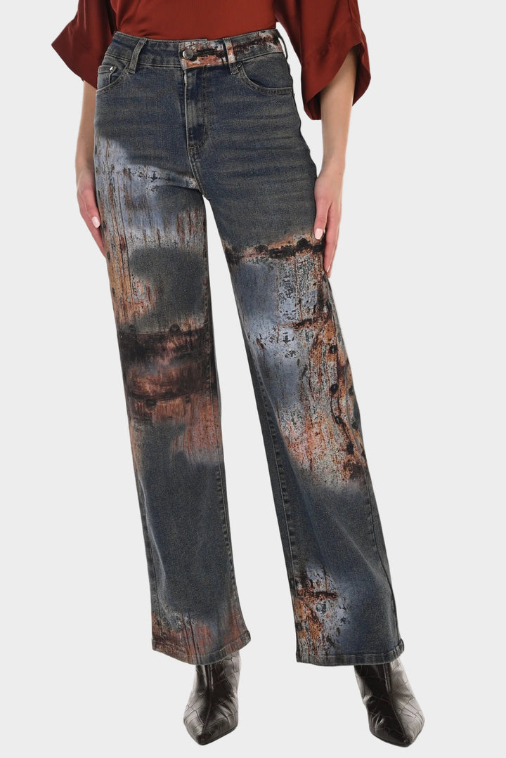 Distressed Print Wide Leg Jean