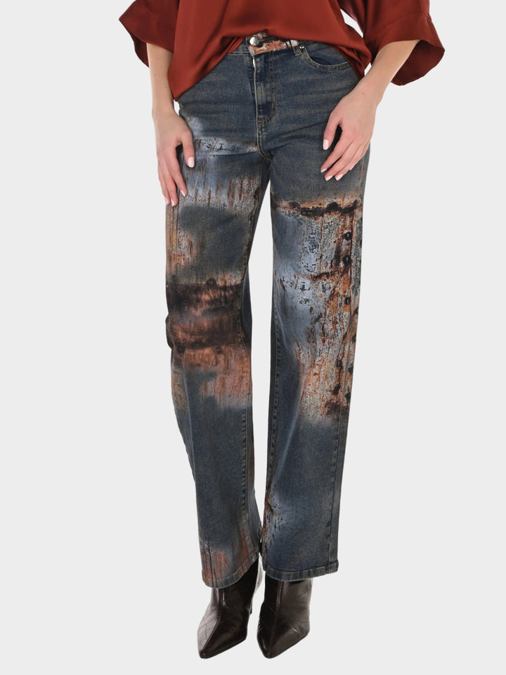 Distressed Print Wide Leg Jean