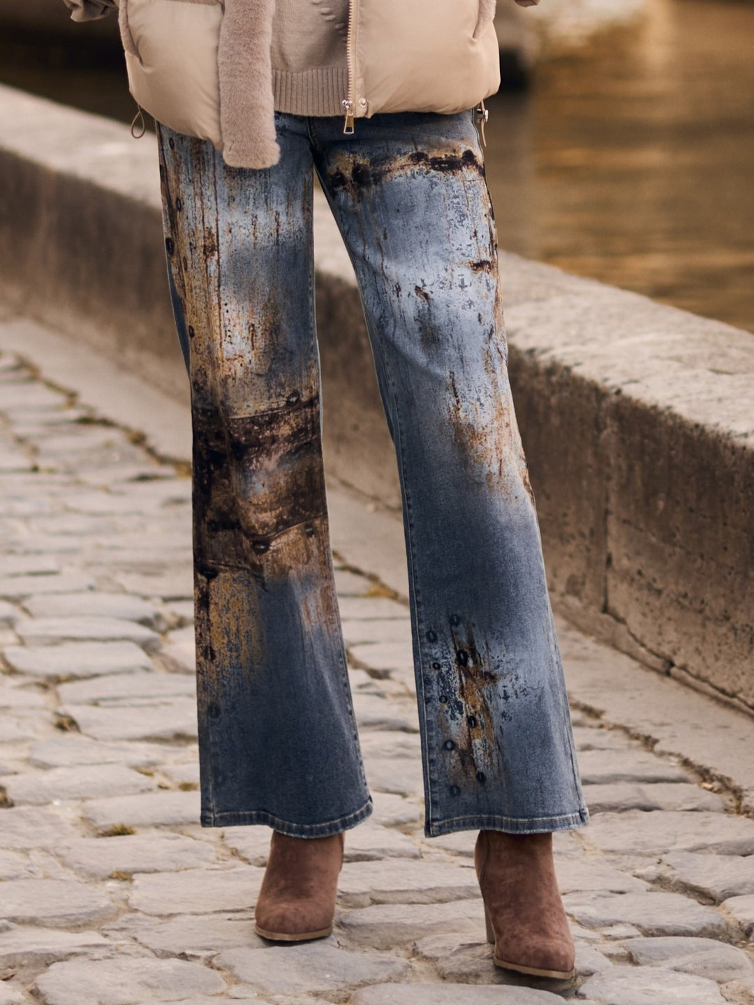 Distressed Print Wide Leg Jean