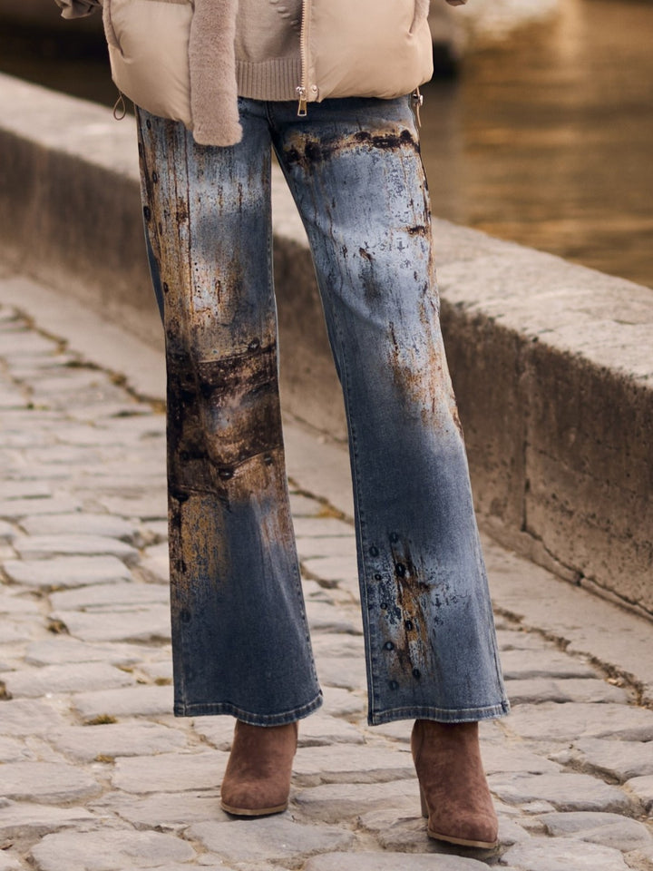 Distressed Print Wide Leg Jean