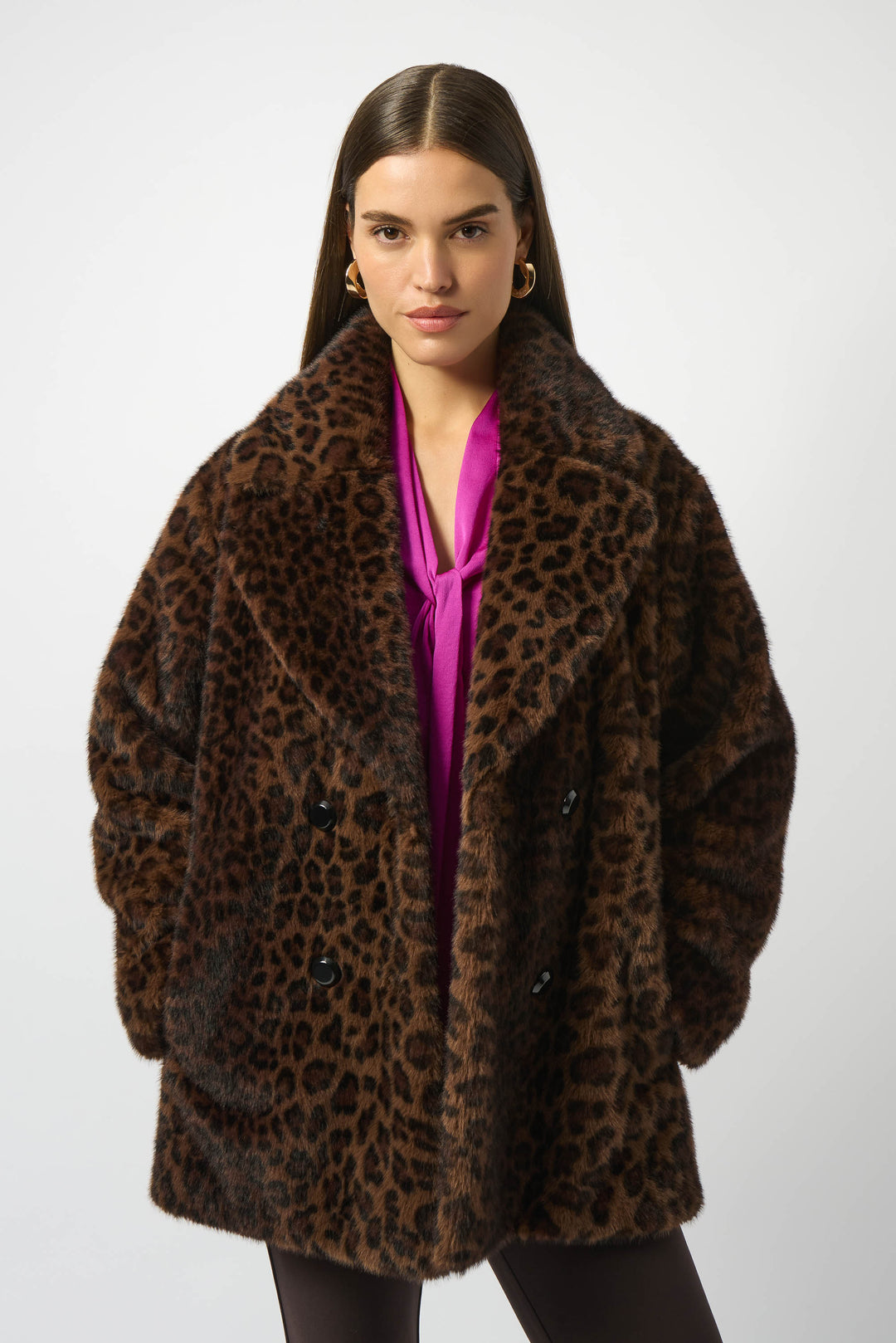 Double Breasted Leopard Print Faux Fur Coat