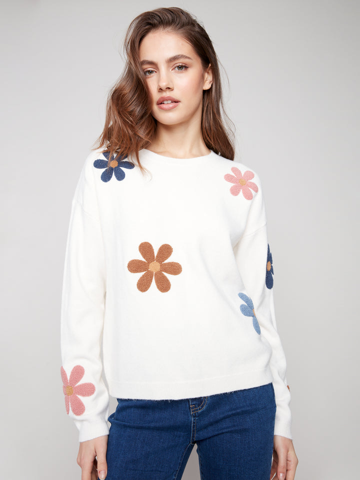 Ecru Boucle Flowers Plush Knit Sweater