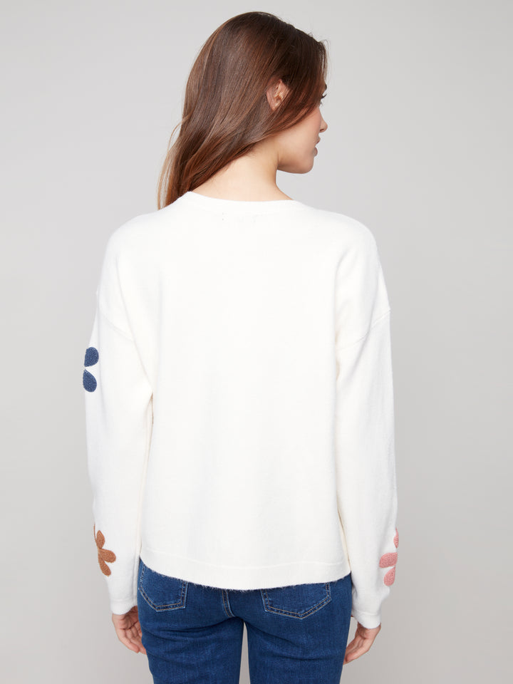 Ecru Boucle Flowers Plush Knit Sweater