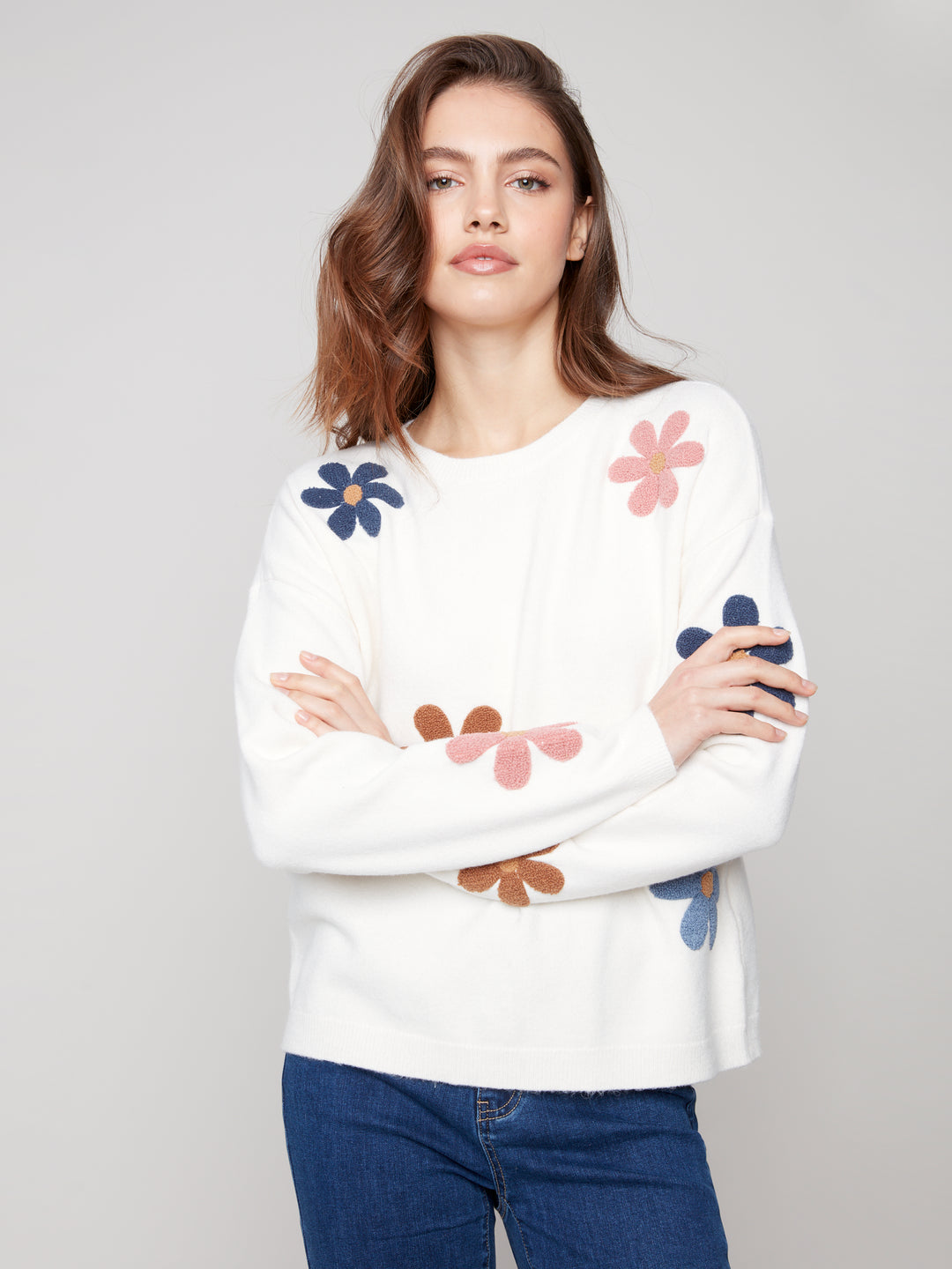 Ecru Boucle Flowers Plush Knit Sweater