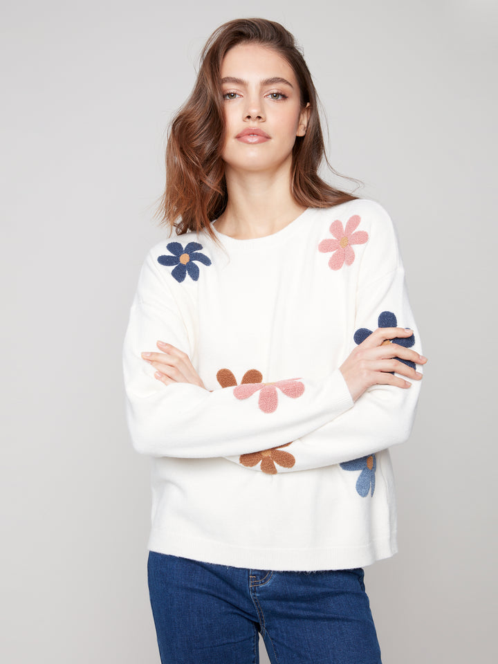 Ecru Boucle Flowers Plush Knit Sweater