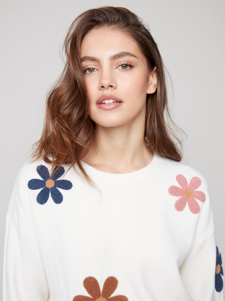 Ecru Boucle Flowers Plush Knit Sweater