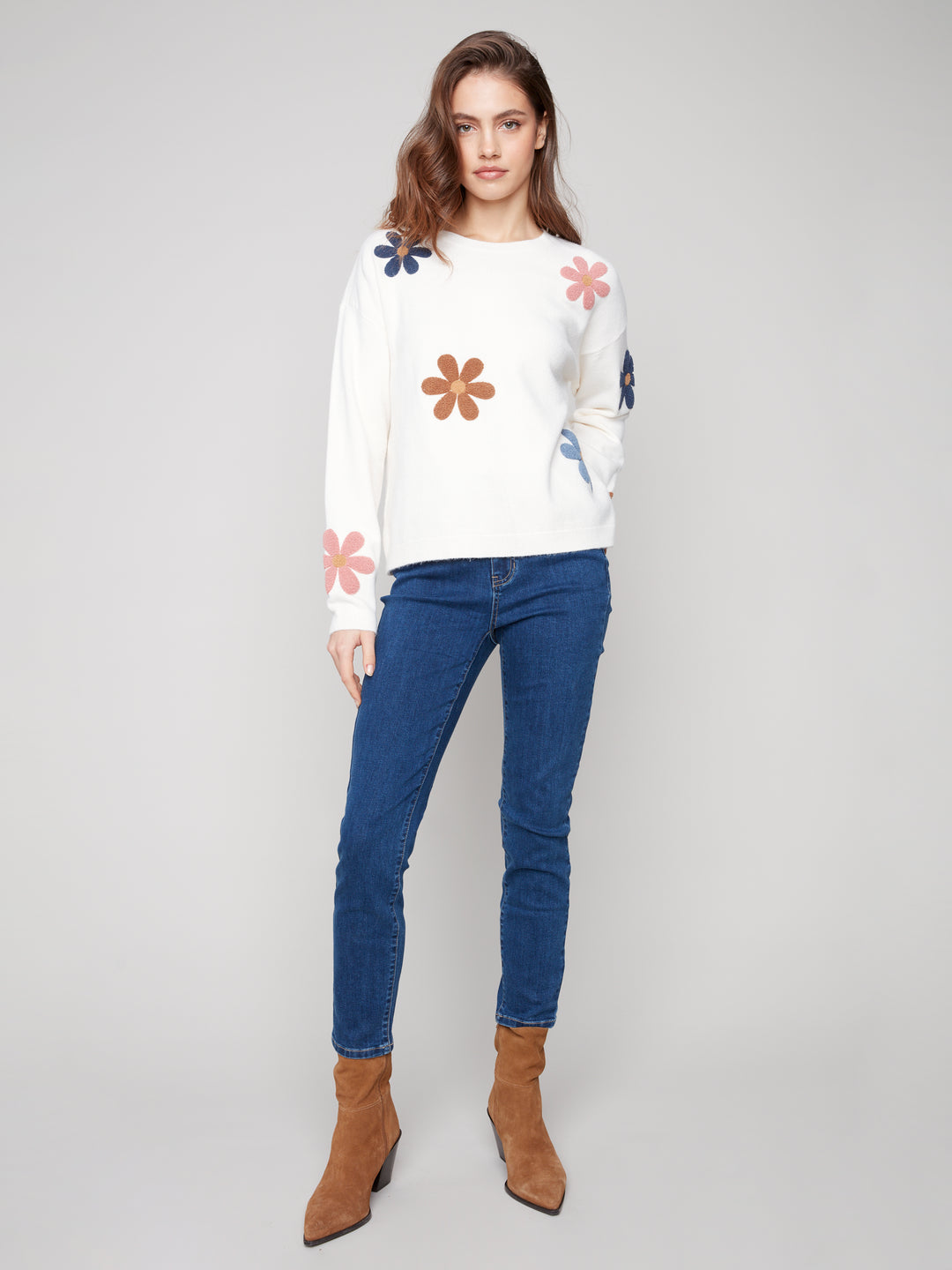 Ecru Boucle Flowers Plush Knit Sweater