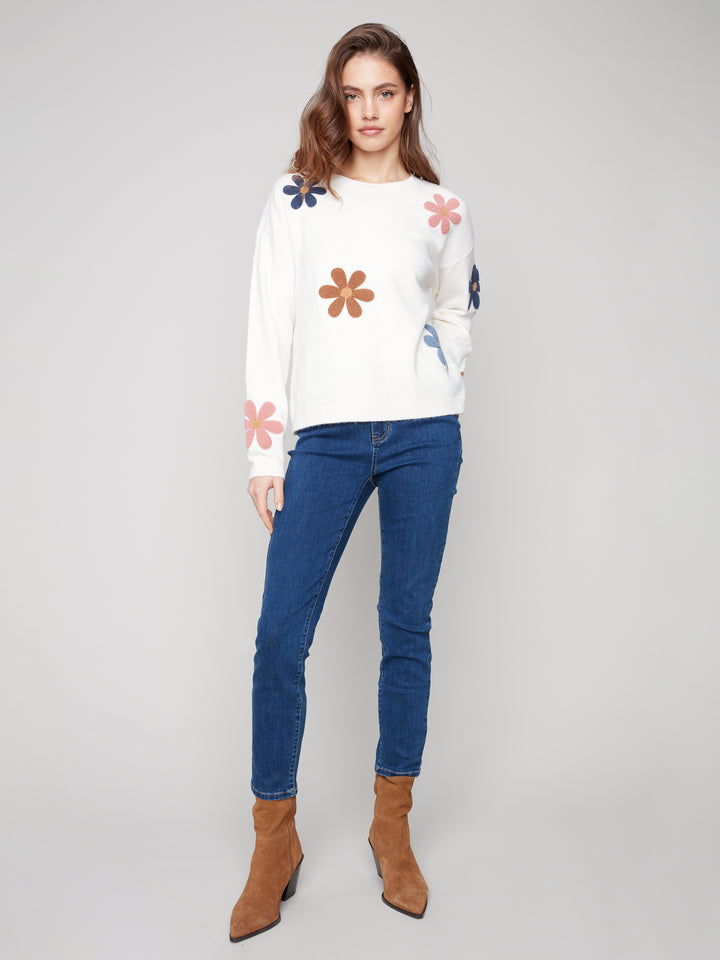 Ecru Boucle Flowers Plush Knit Sweater