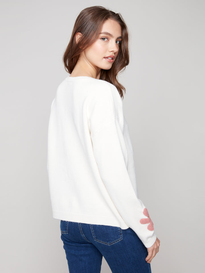Ecru Boucle Flowers Plush Knit Sweater