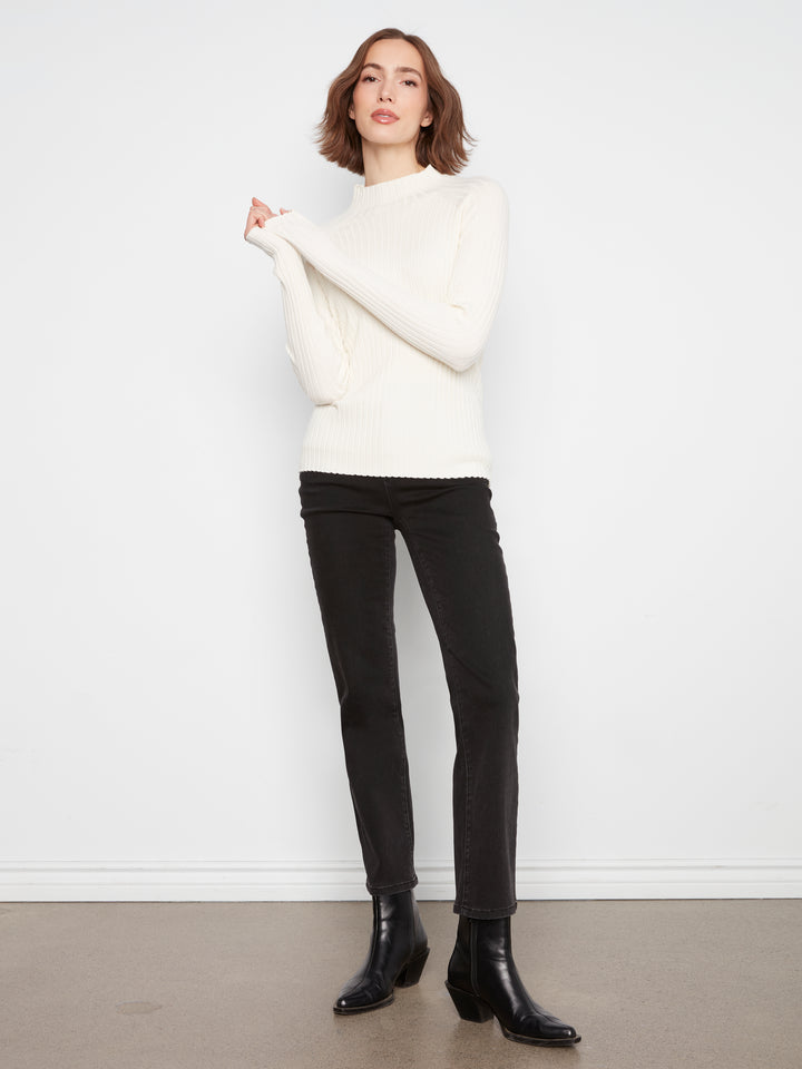 Ecru Essential Mock Neck Ribbed Sweater