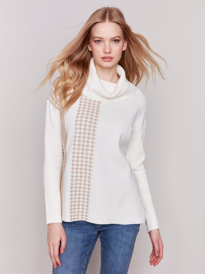 Ecru Houndstooth Stripe Cowl Neck Sweater