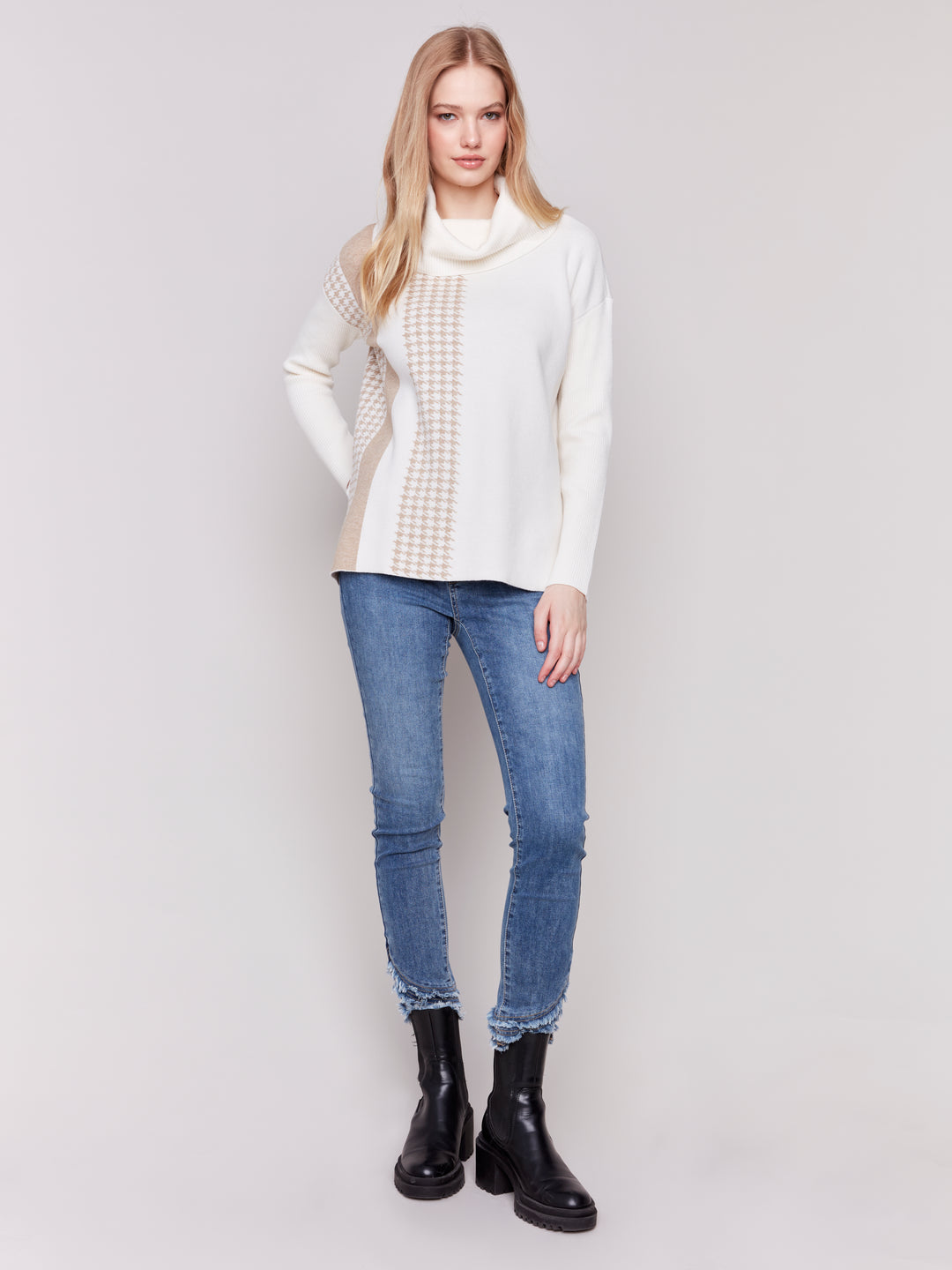 Ecru Houndstooth Stripe Cowl Neck Sweater