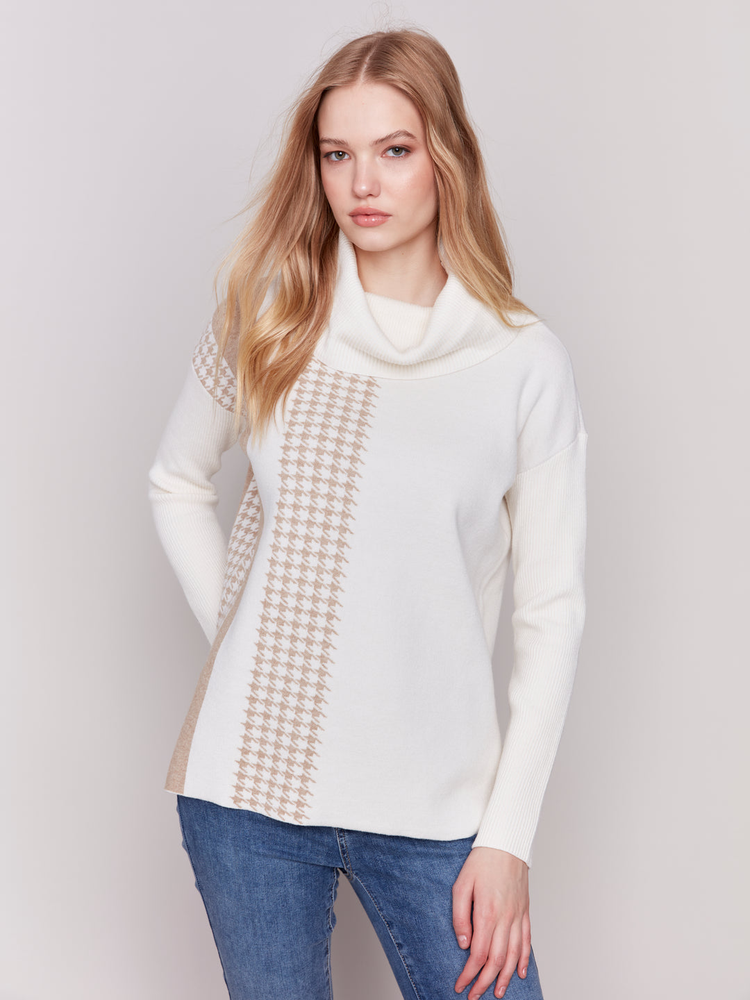 Ecru Houndstooth Stripe Cowl Neck Sweater