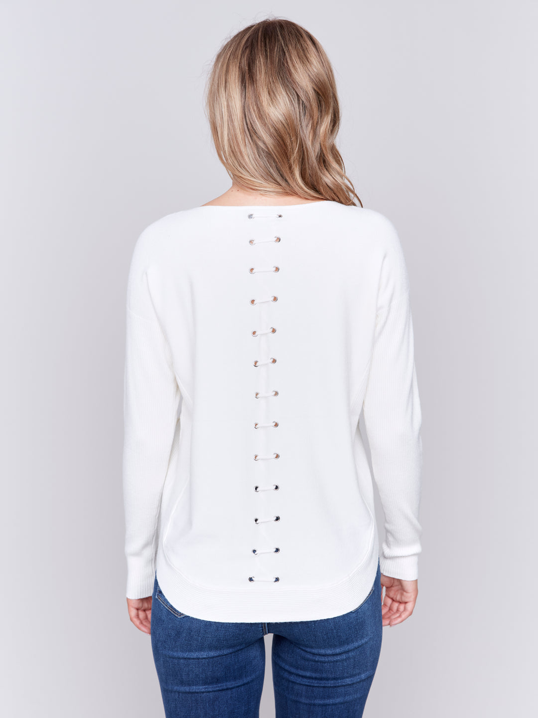 Ecru Lace-Up Back Plushy Knit Sweater