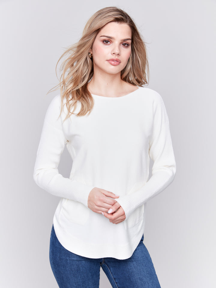 Ecru Lace-Up Back Plushy Knit Sweater