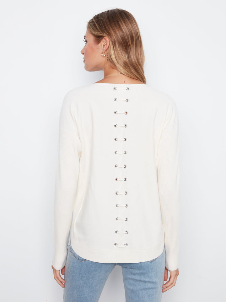 Ecru Lace-Up Back Plushy Knit Sweater