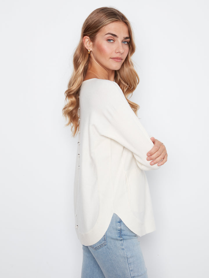 Ecru Lace-Up Back Plushy Knit Sweater